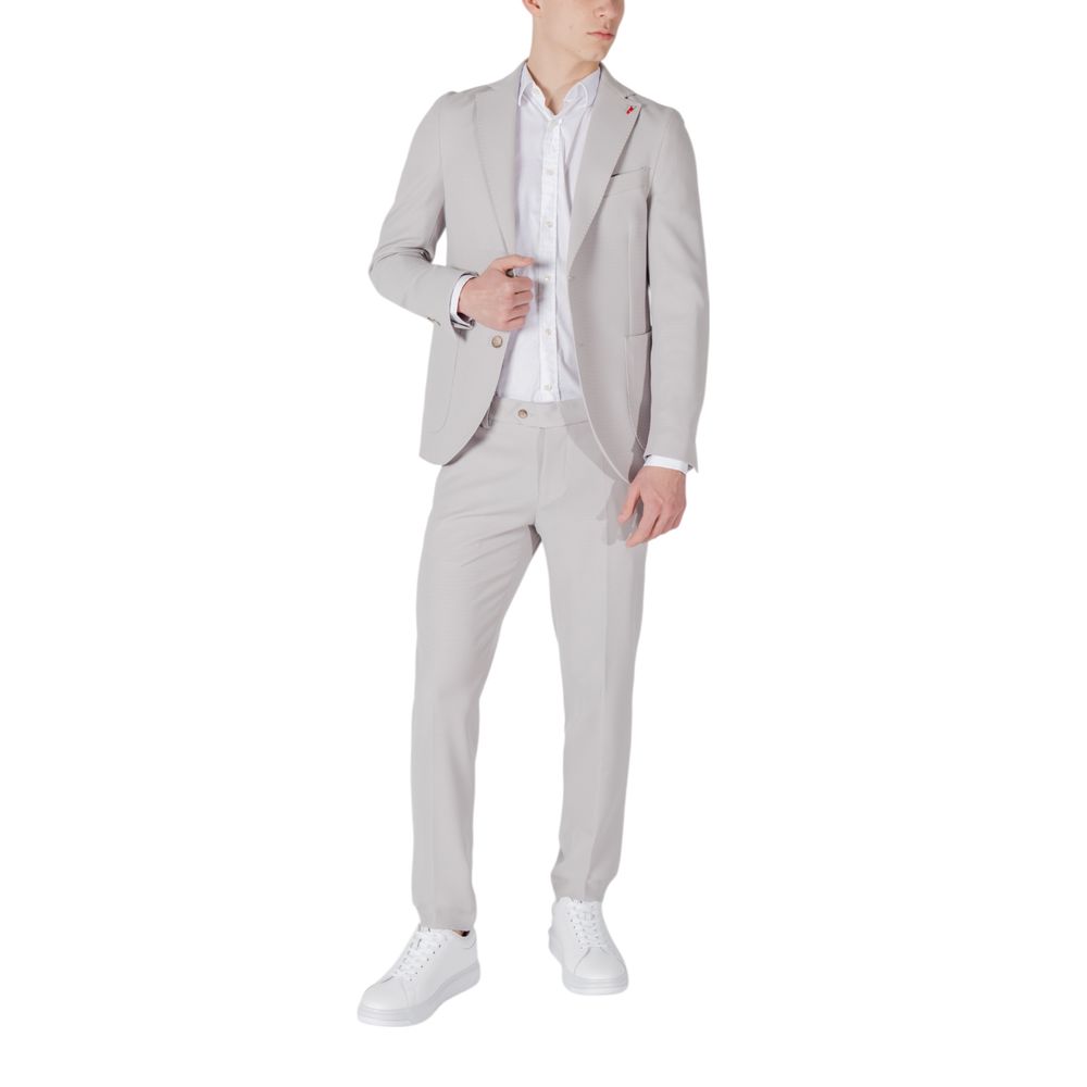 Pant Suit by Mulish for men in stretch polyester & viscose gray showcases a sartorial silhouette, artfully detailed with a sophisticated and a sartorial for a refined, high-fashion aesthetic.