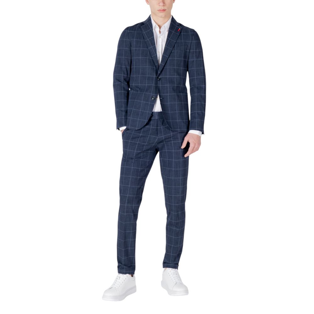 Pant Suit by Mulish for men in stretch cotton & leather blue showcases a sartorial silhouette, artfully detailed with a sophisticated and a sartorial for a refined, high-fashion aesthetic.