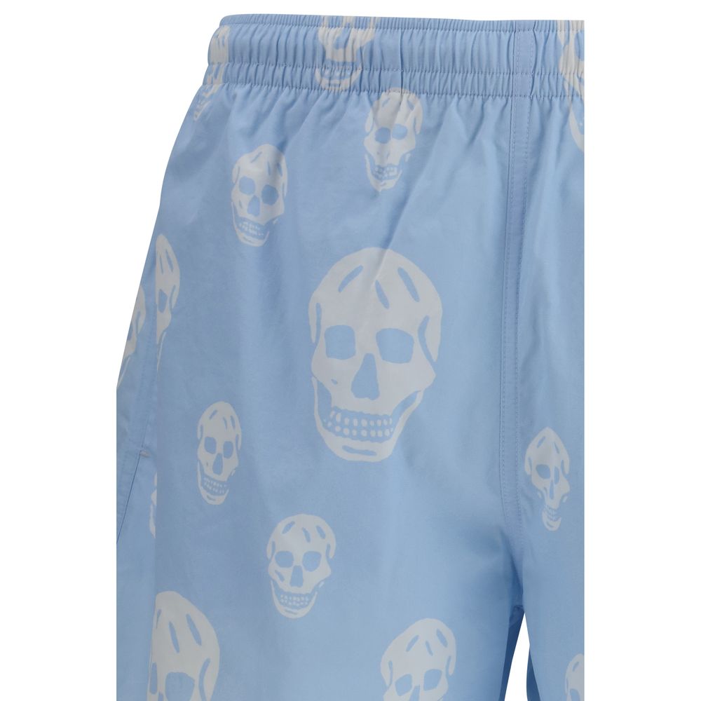 Swim Shorts from Alexander McQueen for men in polyamide light-blue & print features an sleek silhouette, showcasing the distinct style of the Skull Men's Polyamide Swim Shorts collection.