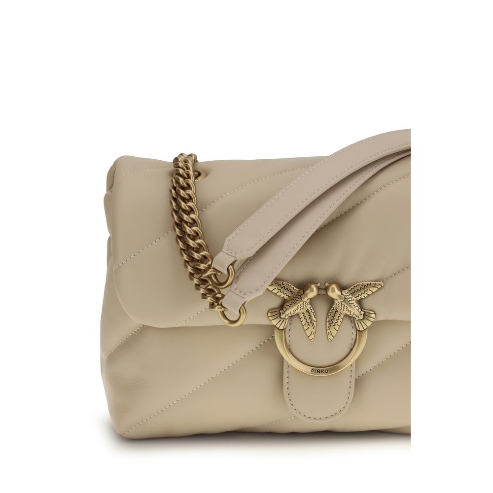 Quilted Shoulder Bag by PINKO for women in bos taurus calf leather beige, gold & monogram features a effortless sophistication silhouette, secured by a magnetic & button with ample built-in-compartments and versatile shoulder-strap for a effortless sophistication finish.
