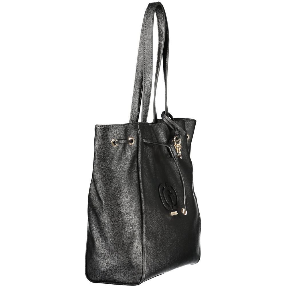 Drawstring Handbag by Guess Jeans for women in polyurethane black features an refined silhouette, showcasing a secure snap & drawstring, ample built-in-compartments & external-pockets, and versatile handle for a sophisticated refined aesthetic.