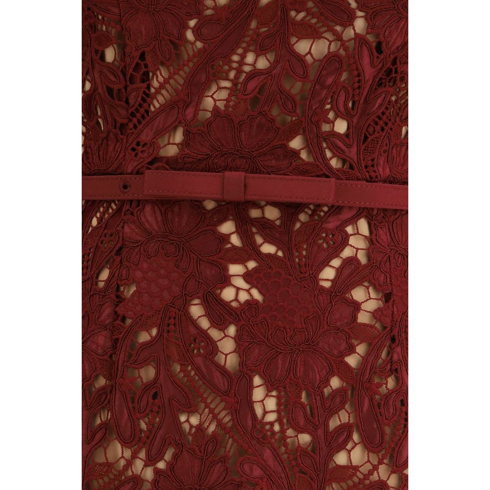 Dress by Self-Portrait for women in polyester bordeaux, burgundy, patterned & signature presents a sinuous silhouette, showcasing a sophisticated and detailed with a sinuous midi for a refined finish.