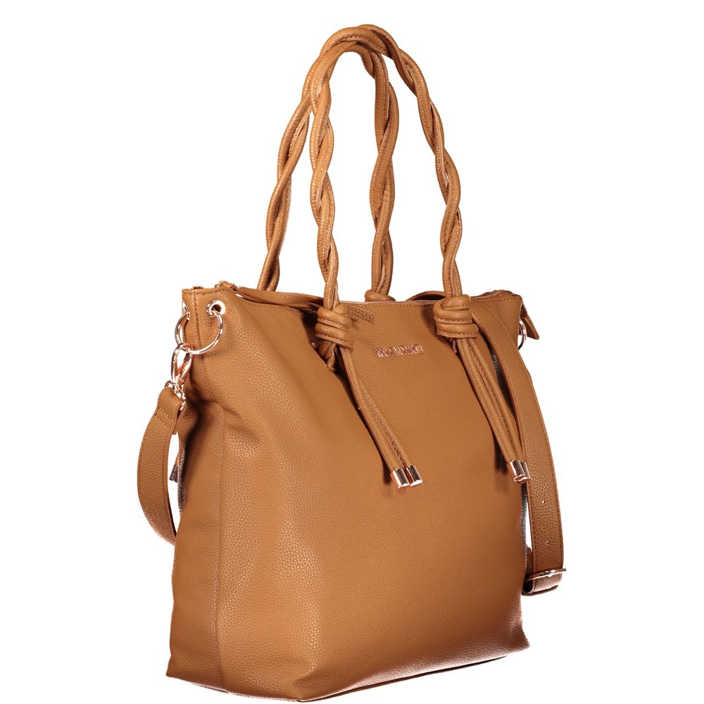 Handbag by Mario Valentino for women in polyurethane brown features a ornamental silhouette, showcasing a secure zipper, ample document-holder & internal-pockets, and ornamental shoulder-strap, handle & adjustable-strap for a sophisticated look.
