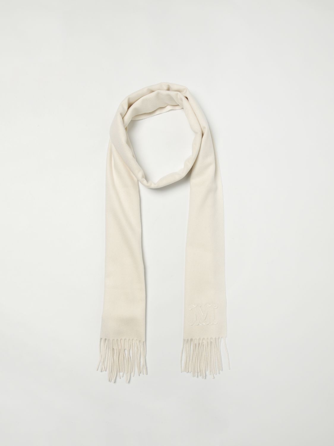 Scarf by Max Mara for women in cashmere white features a timeless silhouette, artfully capturing the essence of the timeless Cashmere Scarf design for a sophisticated look.