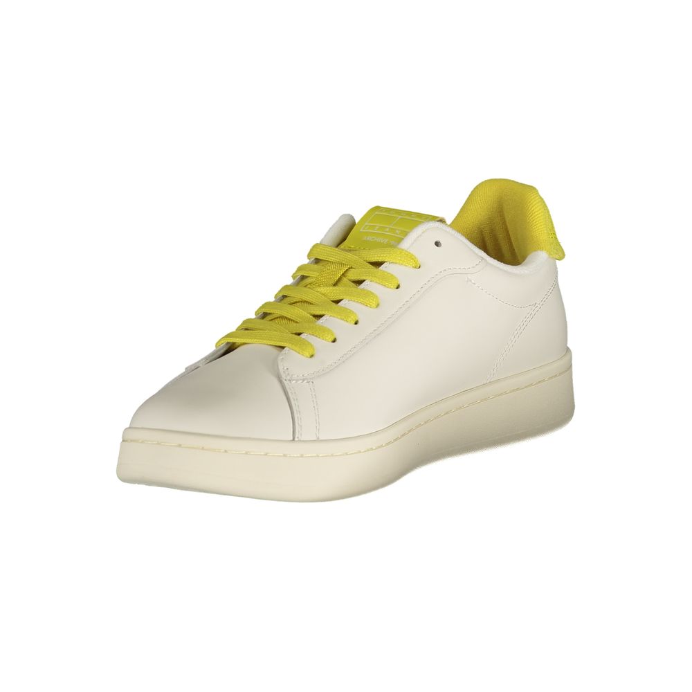 Athletic Sneakers by Tommy Hilfiger for men in polyester polyurethane leather white, yellow & print showcases a architectural silhouette, artfully capturing the essence of the Crisp Men's Athletic Polyester Polyurethane Leather Sneakers with its signature architectural athletic style construction.
