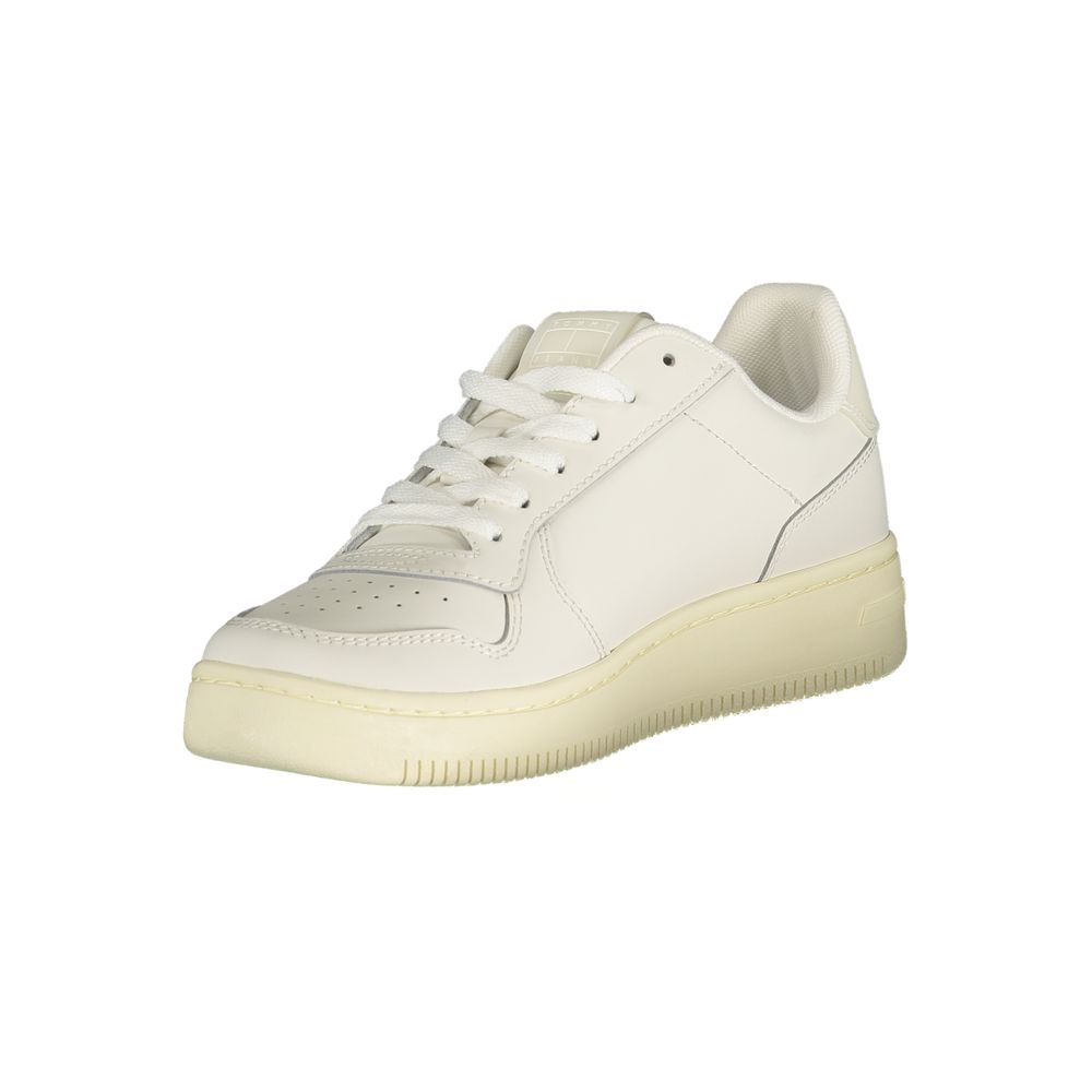 Athletic Sneakers by Tommy Hilfiger for women in polyester polyurethane leather white features an architectural silhouette, showcasing the premium athletic style of the Crisp Women's Athletic Polyester Polyurethane Leather Sneakers with an architectural finish.