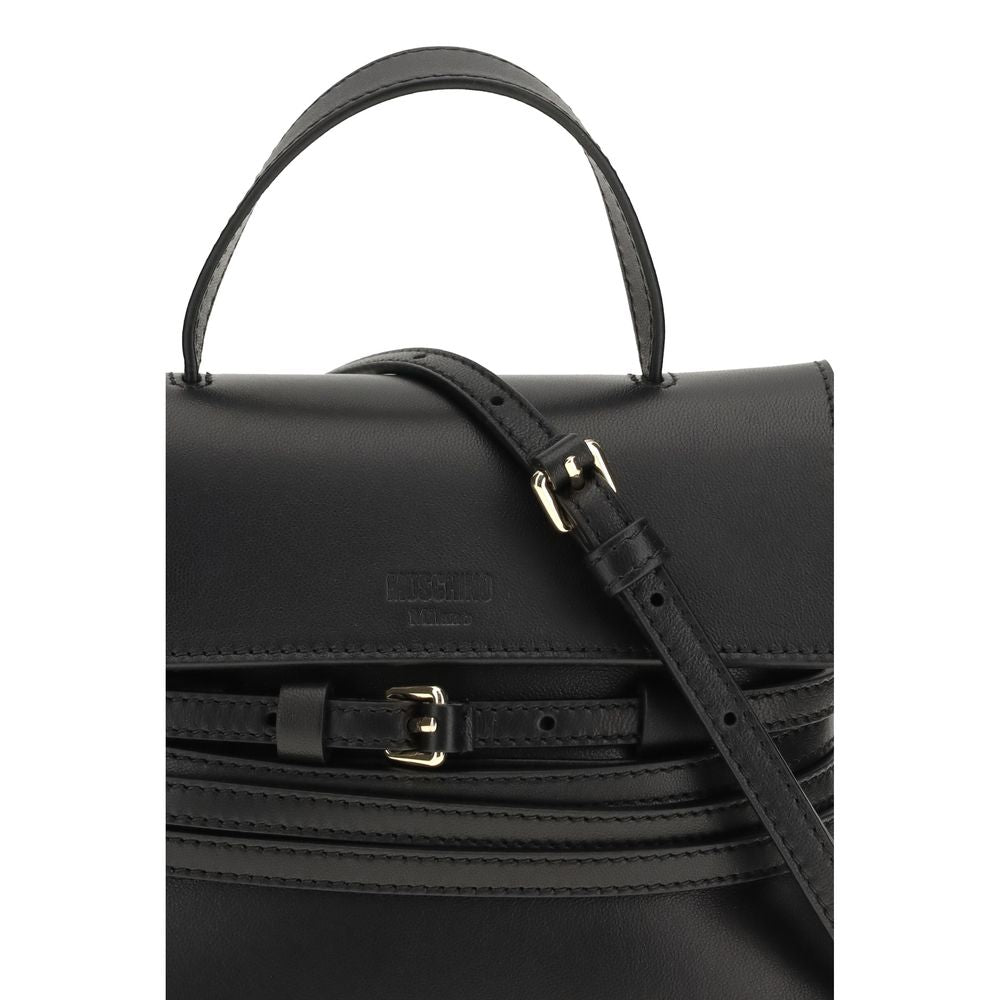 Flap Handbag by Moschino for women in bos taurus calf nubuck leather black features a contemporary silhouette, showcasing a secure snap, flap & magnetic, ample , and contemporary detachable-strap, belt-strap & handle for a sophisticated look.
