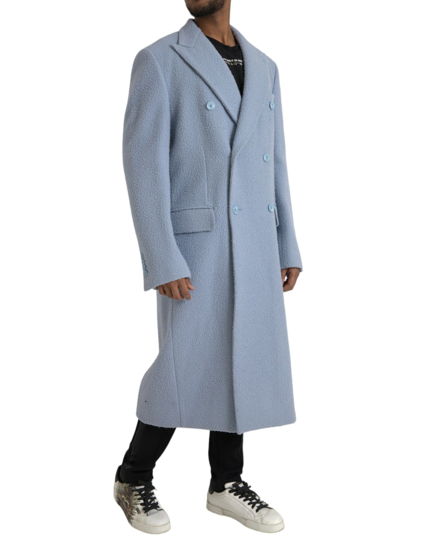Trench Coat by Dolce & Gabbana for men in cashmere light-blue features an dramatic silhouette, perfectly showcasing the elegant and sophisticated for a truly dramatic aesthetic.