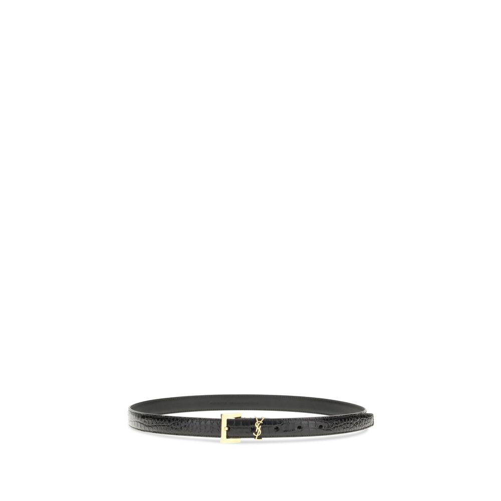 Belt by Saint Laurent for women in bos taurus crocodile embossed calf leather black features an artisanal finish, elegantly showcasing the signature style and artisanal craftsmanship of the Cassandre Bos Taurus Crocodile Embossed Calf Leather Belt design.