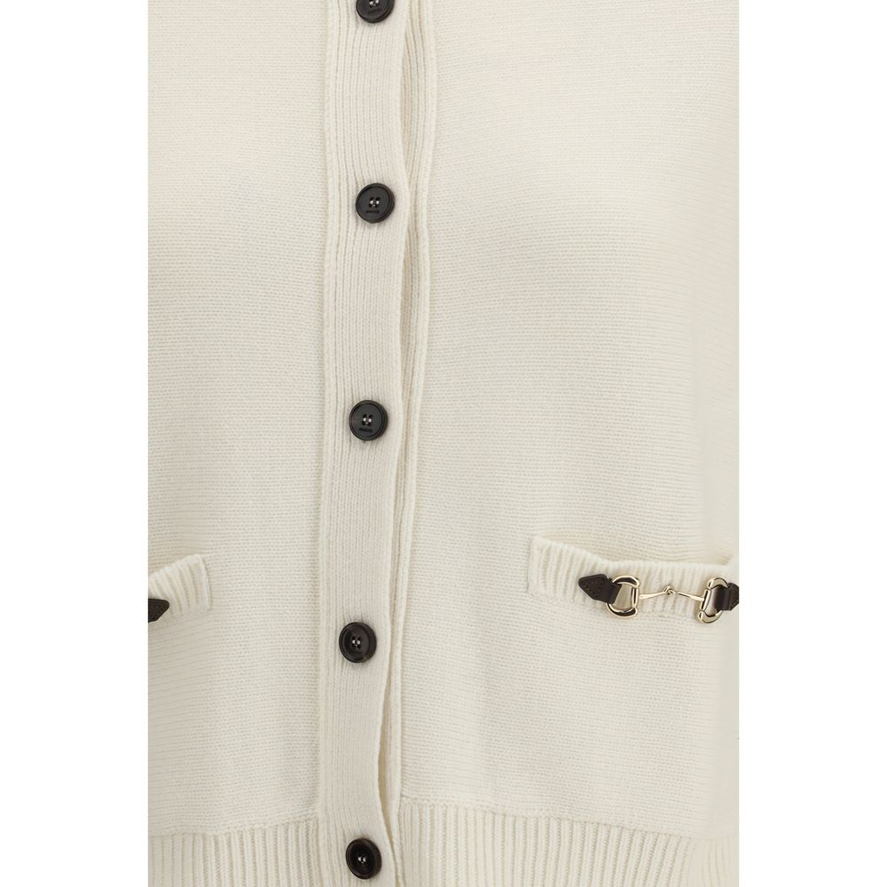 Cardigan by Gucci for women in cashmere wool & capra leather beige showcases a luxurious silhouette, meticulously detailed with a sophisticated and for a refined finish.