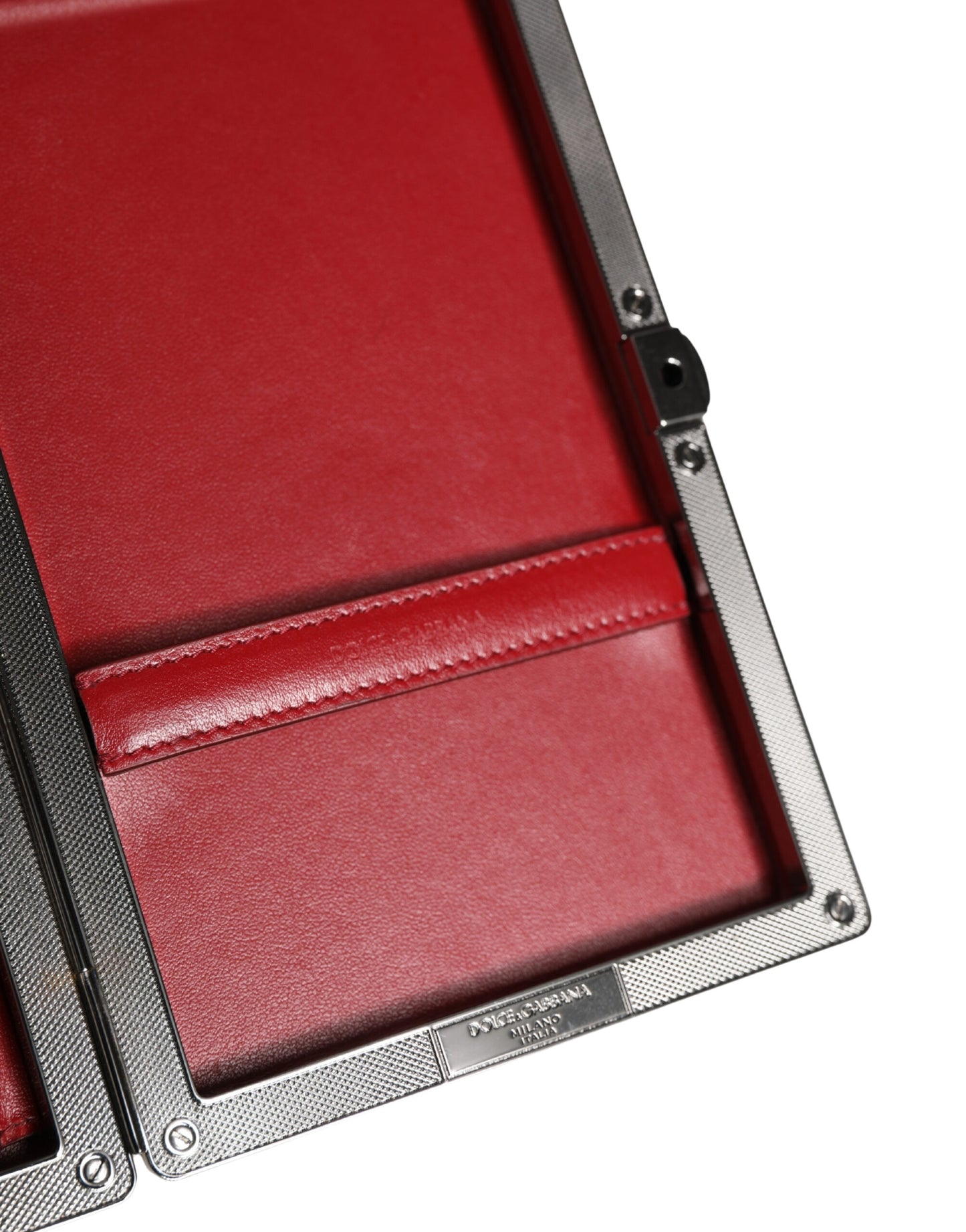 Evening Clutch Handbag by Dolce & Gabbana for women in calf leather & aluminium beige, black & red features a sculptural silhouette with a secure , organized , and versatile for a sculptural finish.