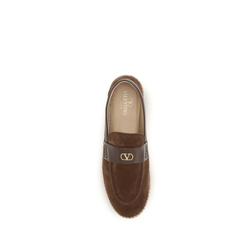 Valentino Garavani V Logo Men's Raffia & Bos Taurus Suede Calf Leather Espadrille Espadrilles Loafer Shoes - Brown Signature