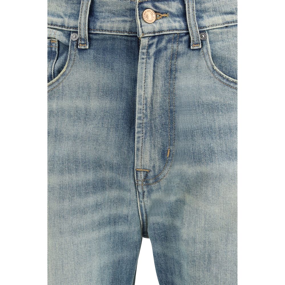 Jeans by 7FOR for men in stretch denim cotton blue features a polished silhouette with a polished straight, relaxed-fit, regular-fit, slim & wide, reaching a polished long and finished with a polished mid rise.