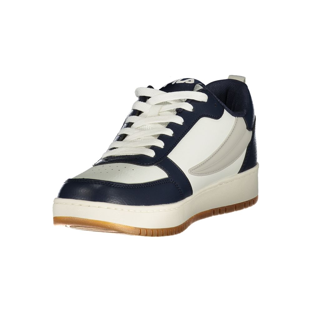 Athletic Sneakers by Fila for men in polyester blue, gray & white features an architectural silhouette, showcasing the premium athletic style of the Men's Athletic Polyester Sneakers with an architectural finish.