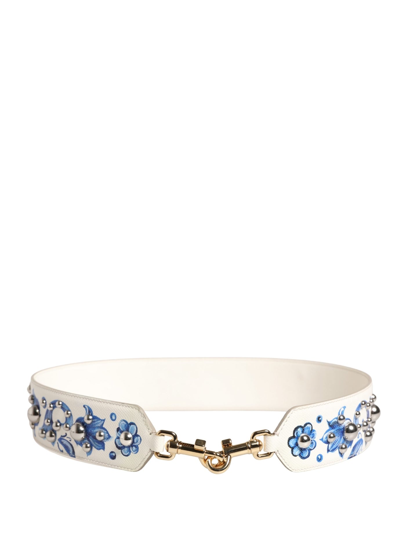 Shoulder Strap by Dolce & Gabbana for women in calf leather blue, gold, silver, white & floral features a dynamic silhouette, artfully enhancing the dynamic design of this Calf Leather Shoulder Strap.