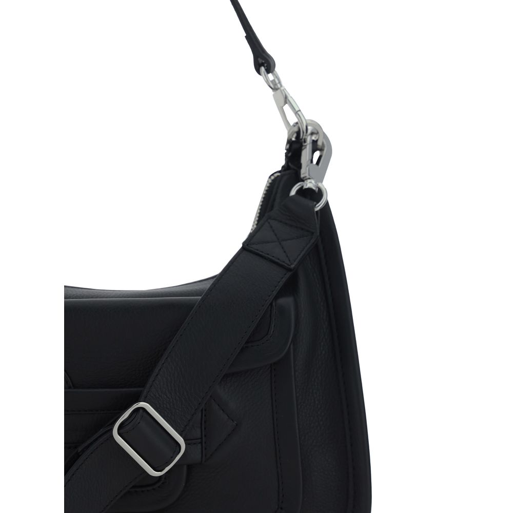 Shoulder Flap Bag by Pierre Hardy for women in bos taurus calfskin leather black features a distinguished silhouette, showcasing a secure flap, magnetic & button and distinguished external-pockets with versatile shoulder-strap, handle & adjustable-strap for a distinguished finish.