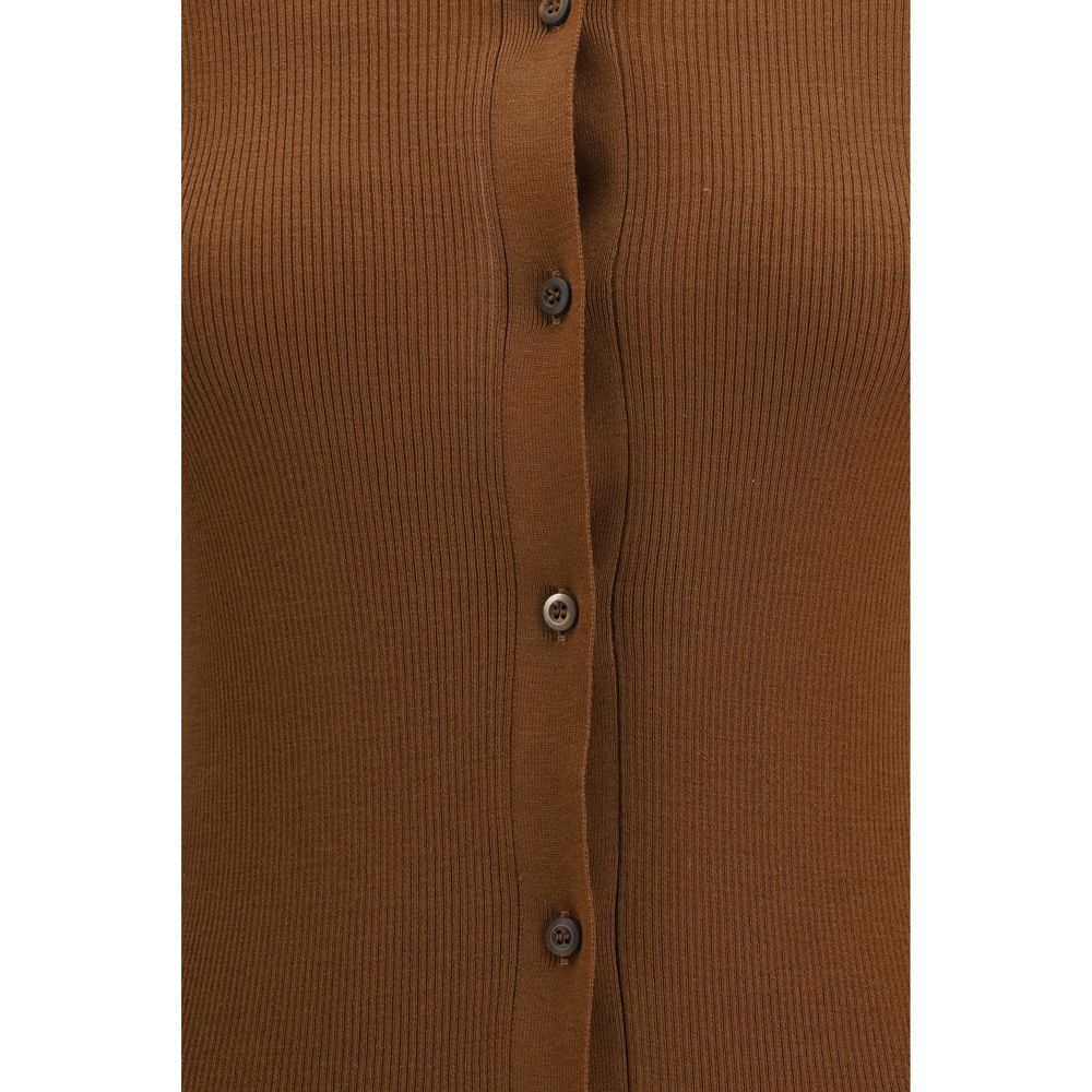 Cardigan by Prada for women in virgin wool brown showcases a luxurious silhouette, meticulously detailed with a sophisticated and for a refined finish.