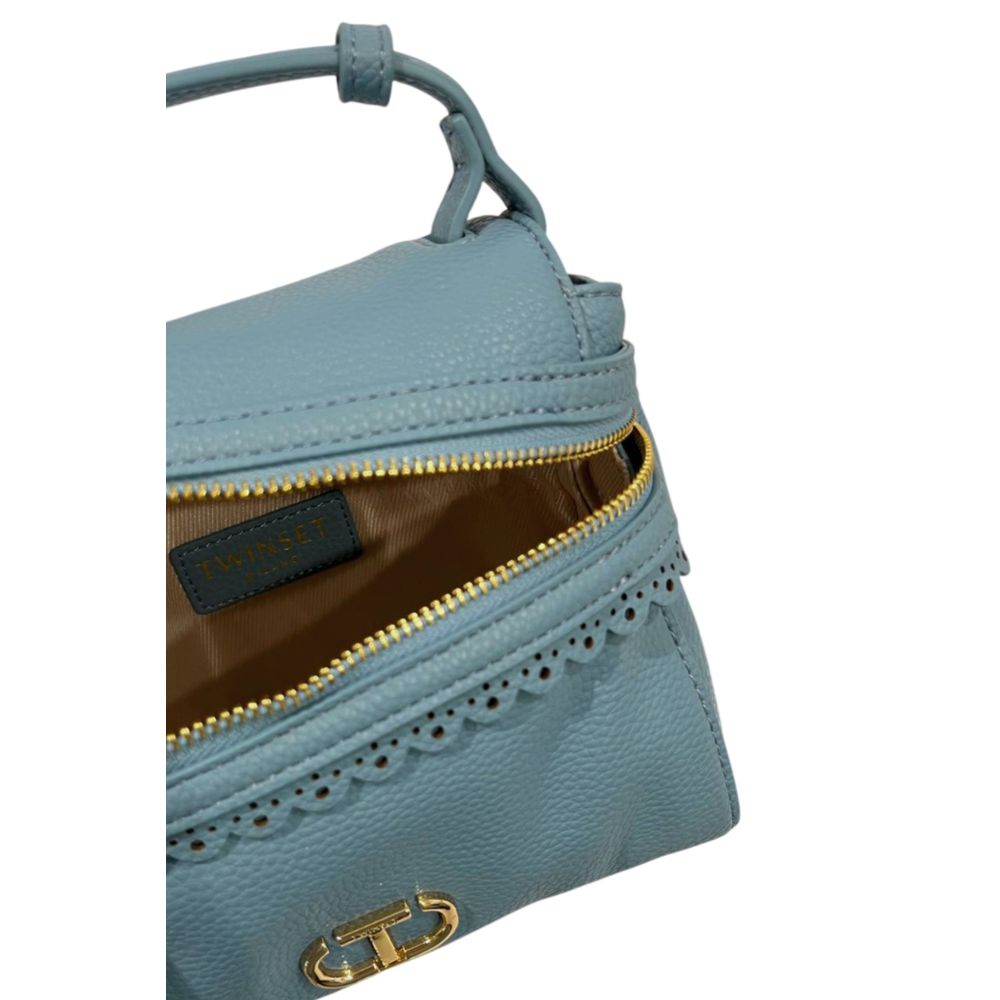 Mini Shoulder Bag by Twinset for women in polyurethane blue & gold showcases a statuesque silhouette, artfully detailed with a secure zipper, organized , and versatile shoulder-strap & adjustable-strap for a statuesque look.
