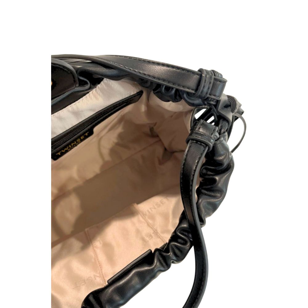 Shoulder Clutch Handbag by Twinset for women in polyurethane black & signature features a sculptural silhouette with a secure magnetic & button, organized , and versatile shoulder-strap for a sculptural finish.