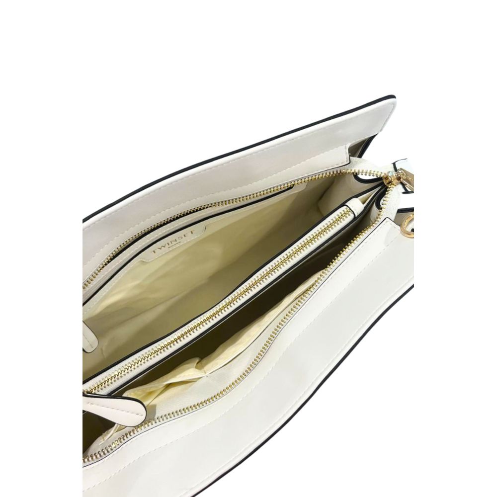 Shoulder Clutch Handbag by Twinset for women in polyurethane gold & white showcases a sculptural silhouette, featuring a secure zipper, ample built-in-compartments, and versatile shoulder-strap & adjustable-strap for a sculptural aesthetic.
