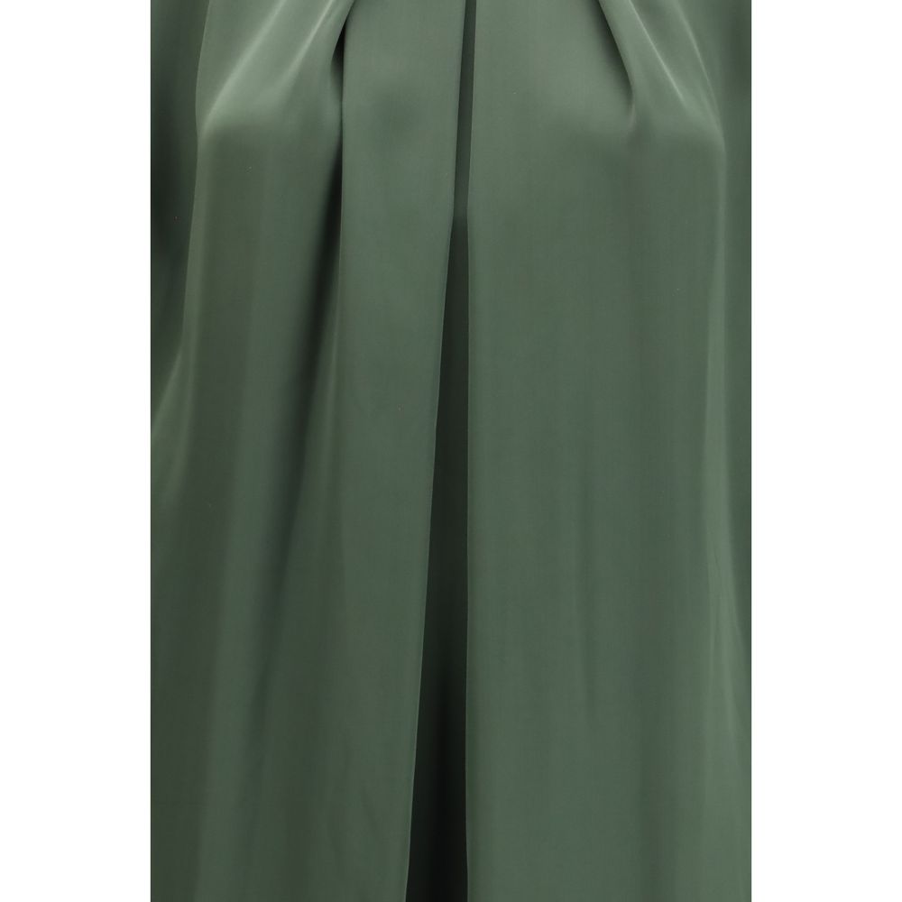 Dress by Petar Petrov for women in silk satin bicolour & green features a dramatic silhouette, showcasing an elegant mandarin neckline and that flows into a dramatic long.