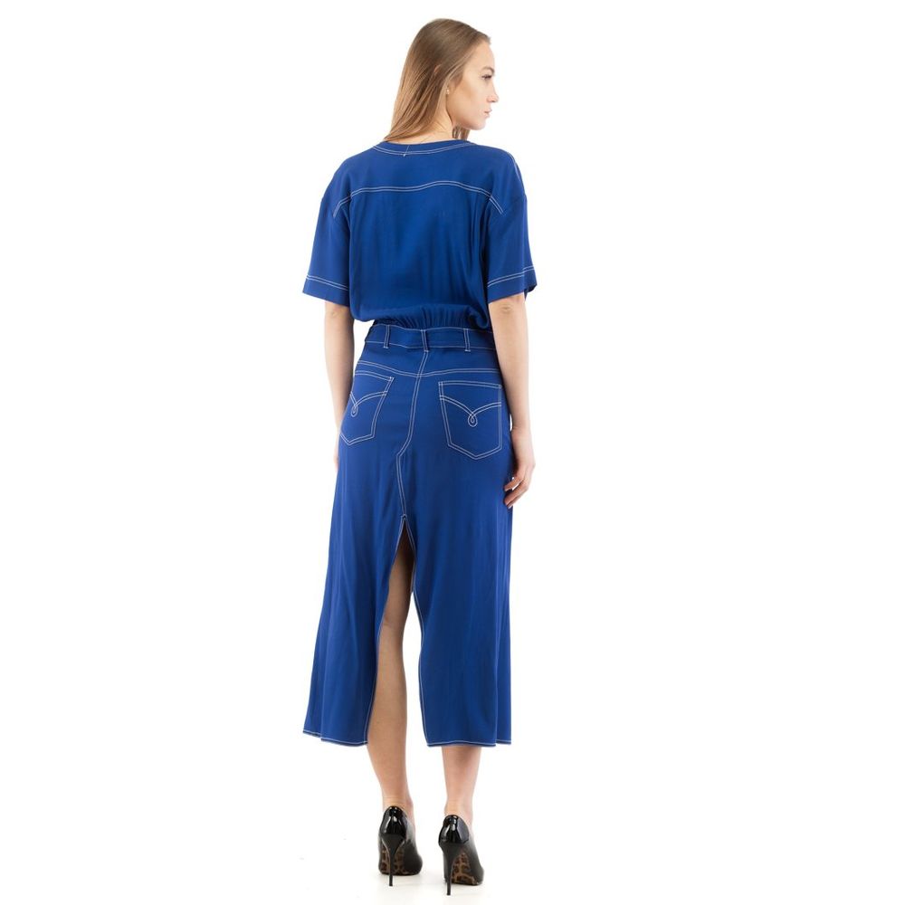 Moschino Women's Short-Sleeve Marabou Viscose Acrylic Long Dress - Blue Multicolor