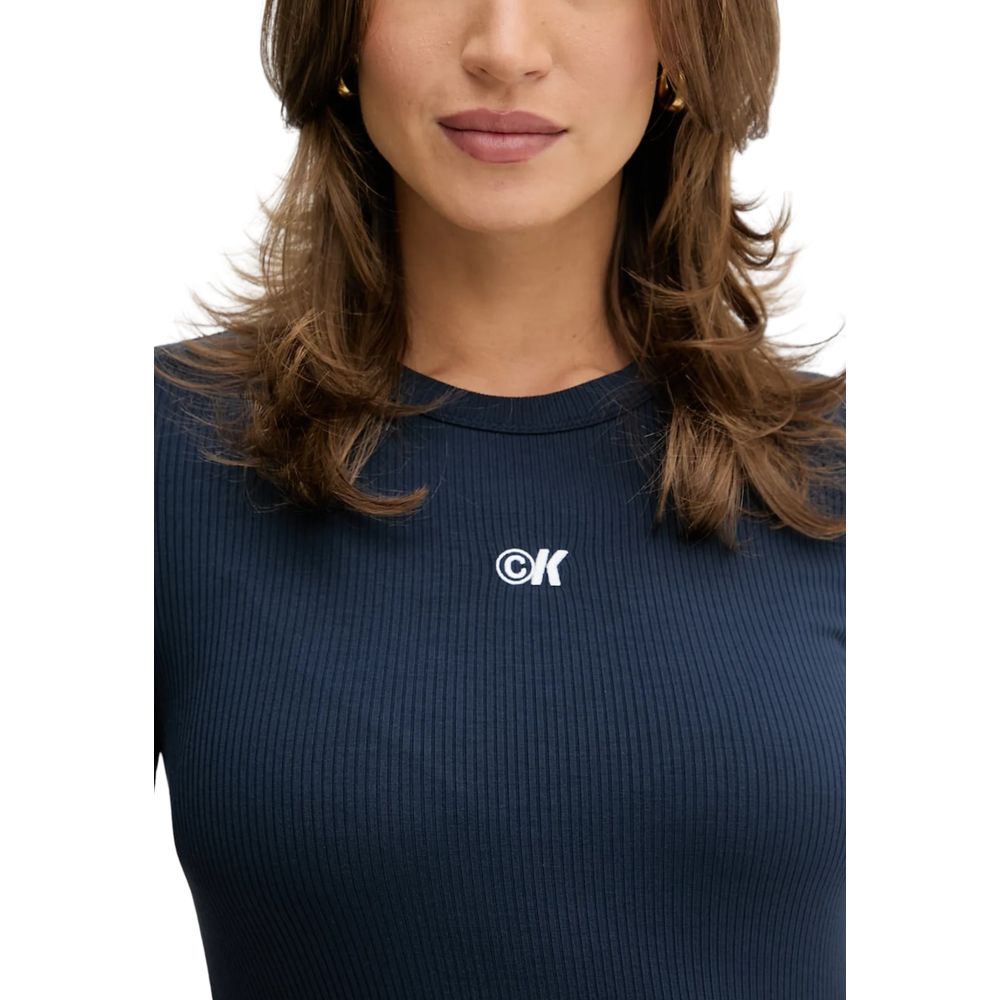 Dress by Calvin Klein Jeans for women in stretch lycra & modal blue features a dramatic silhouette, showcasing an elegant and that flows into a dramatic short long.