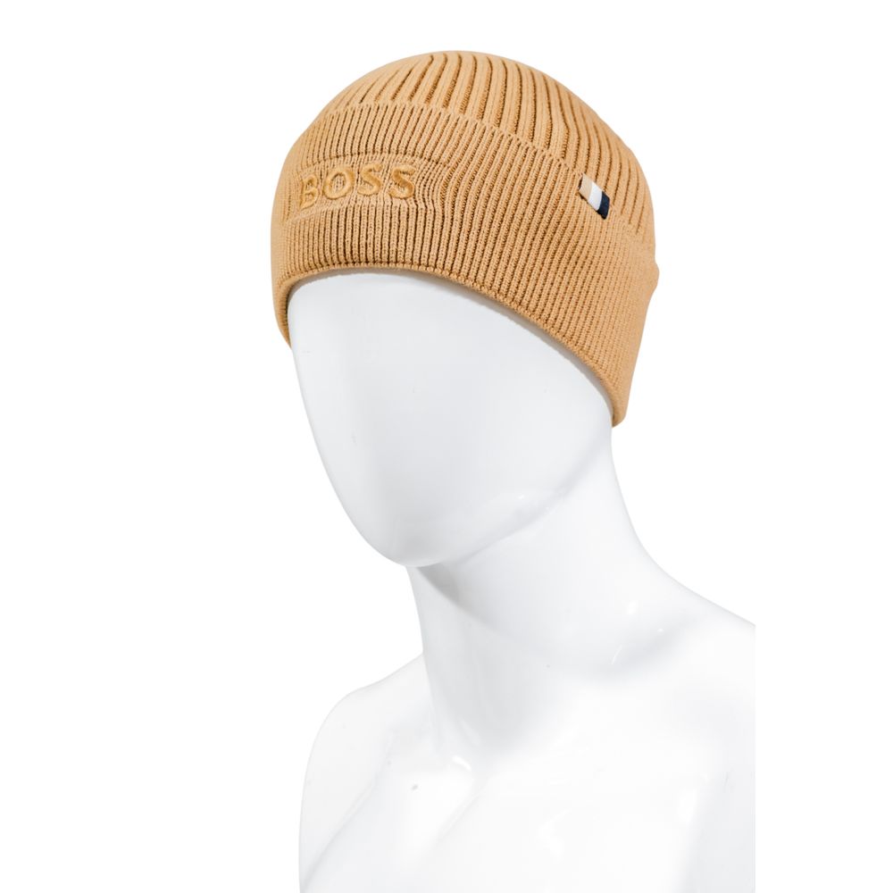 Hat by Hugo Boss for men in wool cotton beige features a ethereal silhouette, showcasing the ethereal design of this Wool Cotton Hat for a sophisticated, premium look.