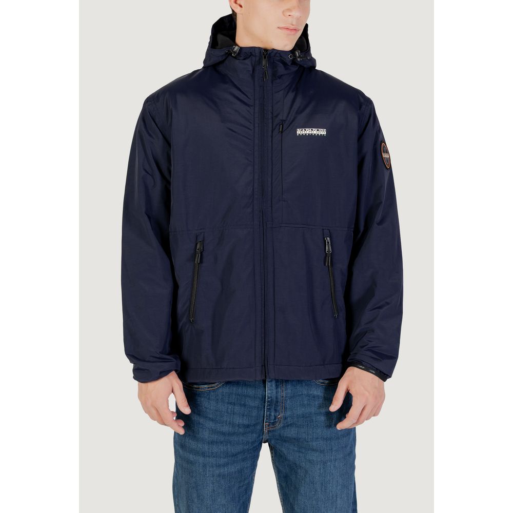 Hooded Windbreaker Jacket by Napapijri for men in polyamide blue features an perennial silhouette with a refined and perennial pockets, hooded & windproof for a sophisticated weather-resistant look.