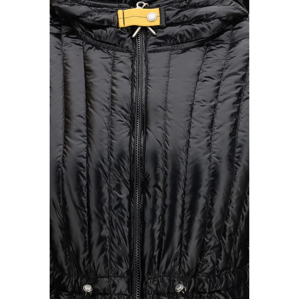 Hooded Puffer Jacket by Parajumpers for women in stretch nylon black, yellow & signature features a dramatic silhouette, showcasing a sophisticated and distinctive pockets, hooded, insulated & windproof for a dramatic aesthetic.