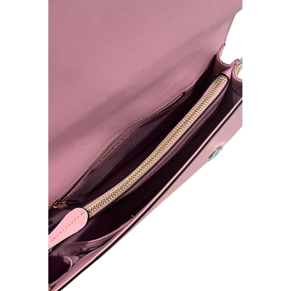 Shoulder Flap Clutch Handbag by Twinset for women in polyurethane gold, multicolor & pink features a sculptural silhouette with a secure flap, magnetic & button, organized built-in-compartments, and versatile shoulder-strap for a sculptural finish.