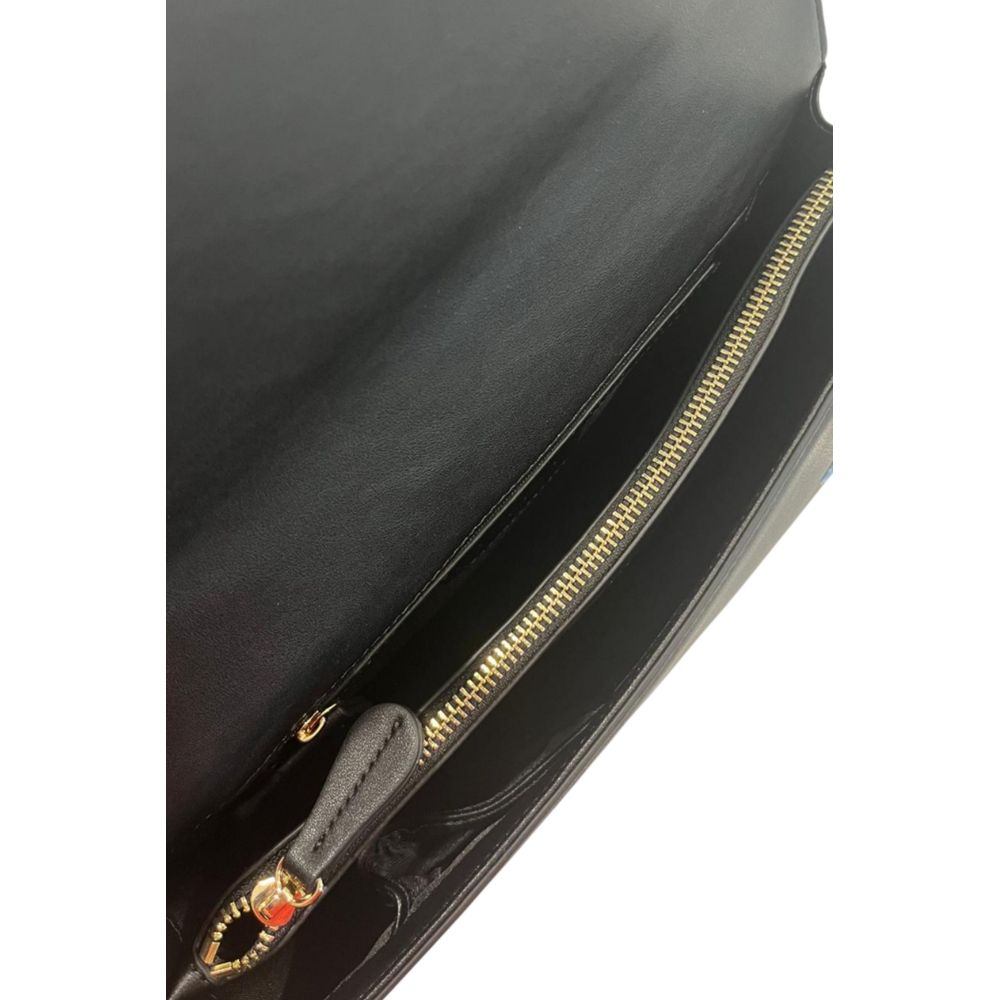 Shoulder Evening Flap Clutch Handbag by Twinset for women in polyurethane black & gold features a architectural silhouette, showcasing a secure flap, magnetic & button, ample built-in-compartments, and versatile shoulder-strap for a architectural finish.