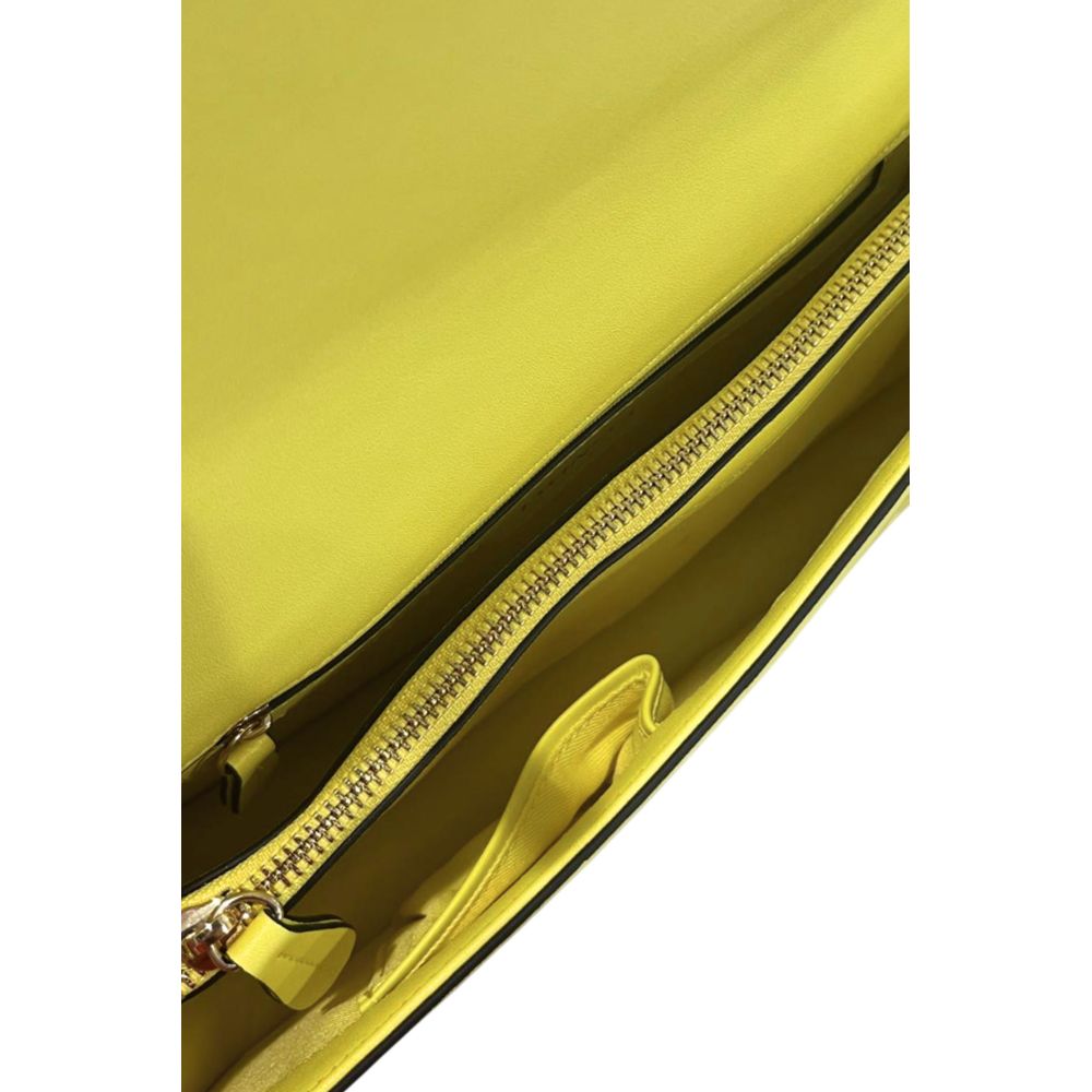 Shoulder Flap Clutch Handbag by Twinset for women in polyurethane bicolour, gold & yellow features a sculptural silhouette with a secure flap, magnetic & button, ample built-in-compartments, and versatile shoulder-strap for a sculptural finish.