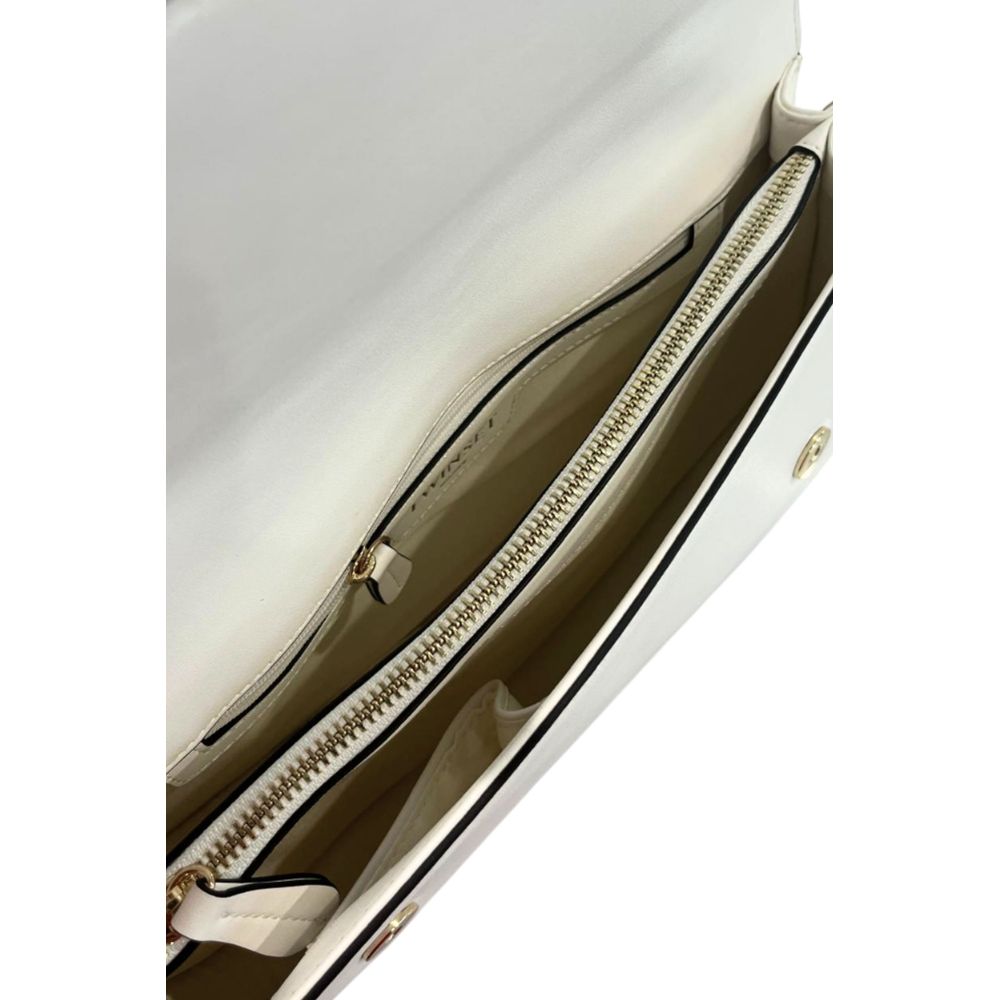 Shoulder Flap Clutch Handbag by Twinset for women in polyurethane gold & white showcases a sculptural silhouette, featuring a secure flap, magnetic & button, ample built-in-compartments, and versatile shoulder-strap for a sculptural finish.