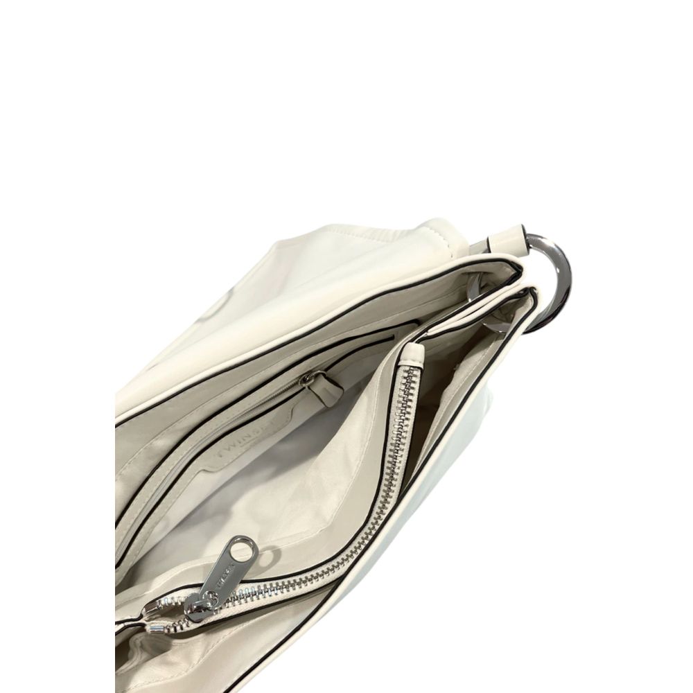 Shoulder Flap Clutch Handbag by Twinset for women in polyethylene silver & white features a statuesque silhouette, showcasing a secure flap, magnetic & button and organized built-in-compartments with versatile shoulder-strap & adjustable-strap for statuesque evening wear.
