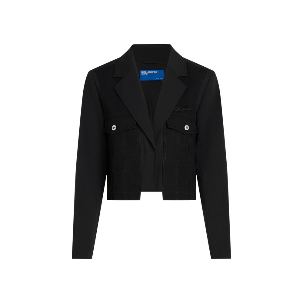 This Blazer by Karl Lagerfeld for women in stretch polyester cotton black presents a tailored silhouette, meticulously tailored with a tailored and distinctive for a tailored finish.