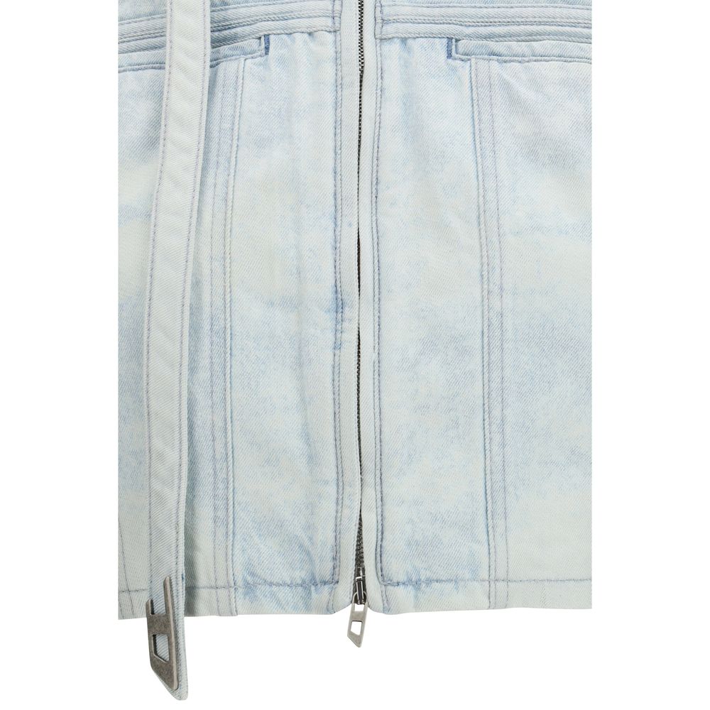 Jacket by Diesel for women in cotton denim hemp & embossed leather blue, gray, transparent & signature presents a impeccable silhouette, showcasing distinct pockets and a impeccable for a sophisticated finish.