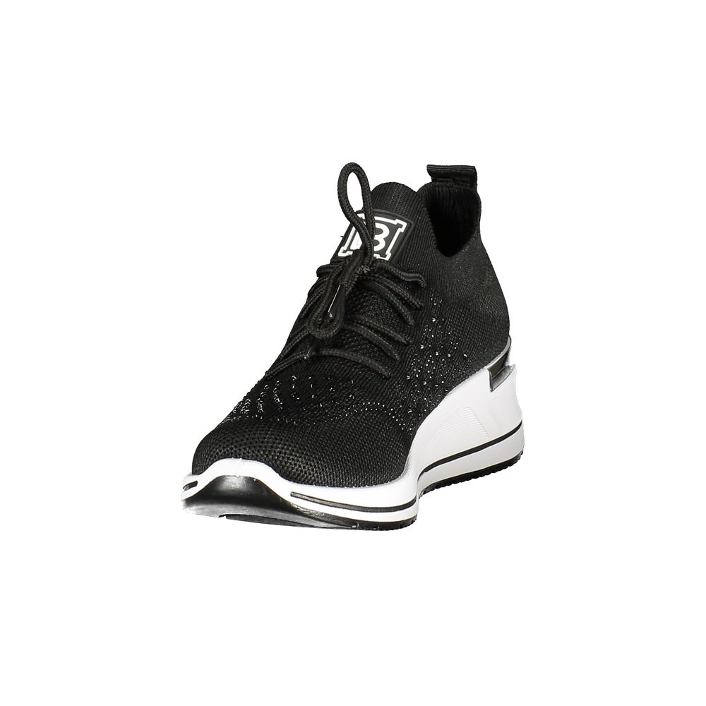 Athletic Sneakers by Laura Biagiotti for women in polyester & rhinestone black showcases a architectural silhouette, artfully capturing the essence of the Women's Athletic Polyester & Rhinestone Sneakers with its signature architectural athletic style construction.