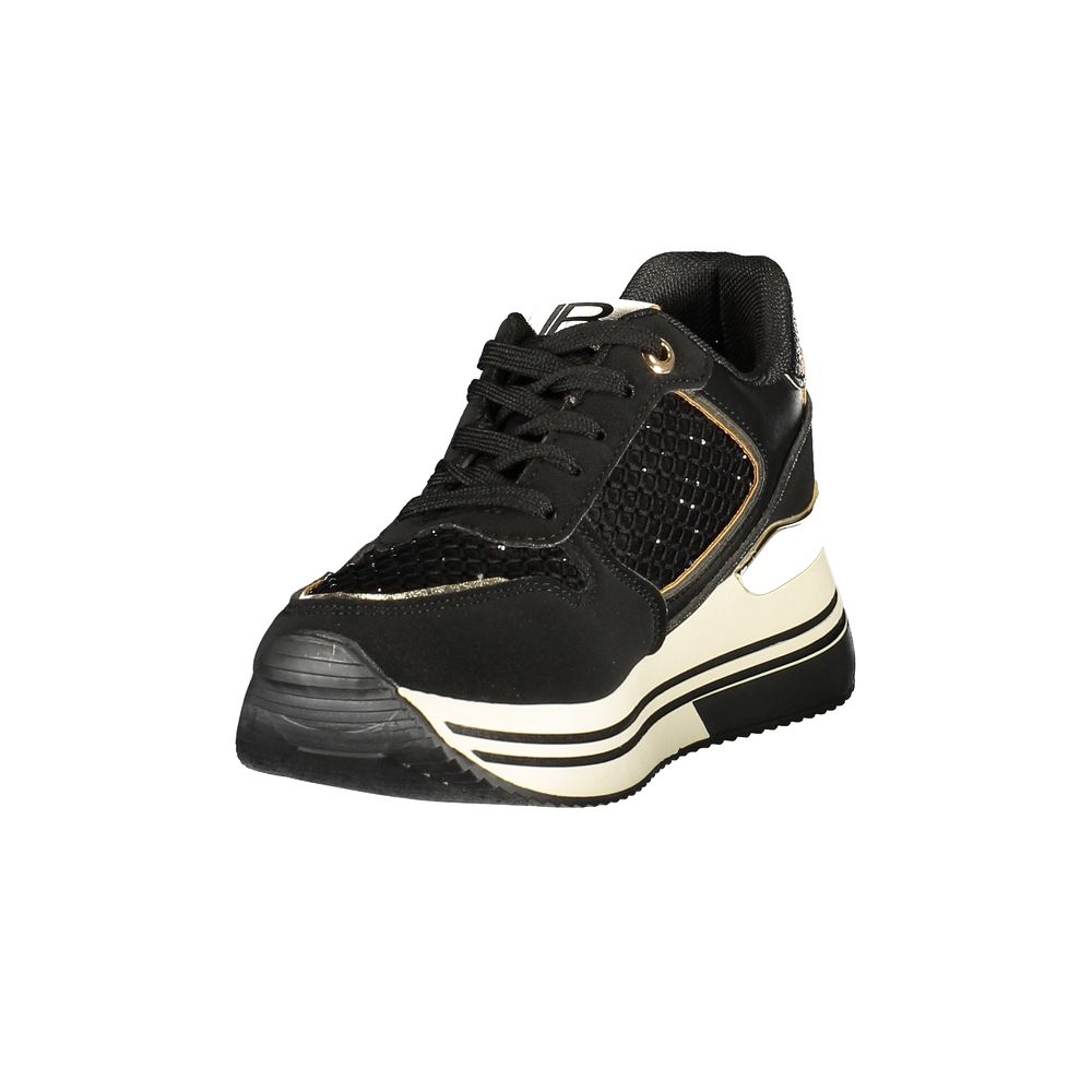 Athletic Sneakers by Laura Biagiotti for women in polyester & polyurethane black, blue, silver & signature features an architectural silhouette, showcasing the premium athletic style of the Women's Athletic Polyester & Polyurethane Sneakers with an architectural finish.