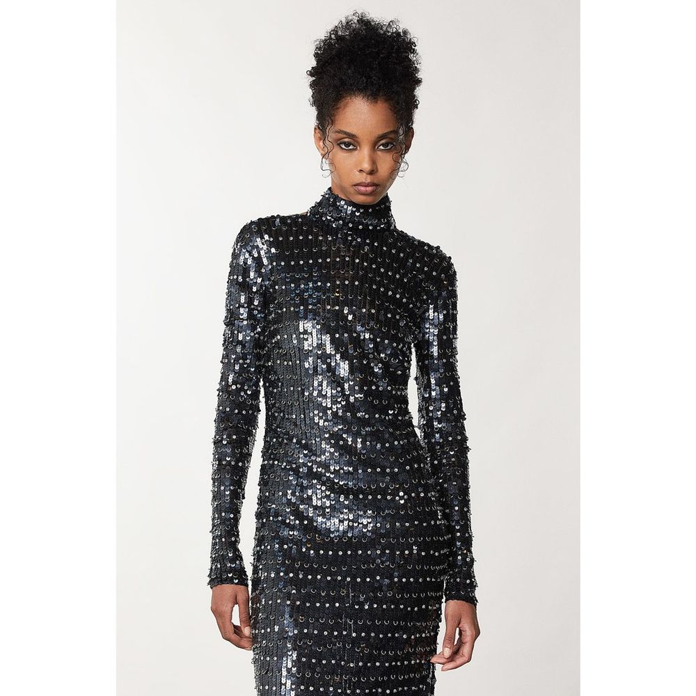 Patrizia Pepe Women's Cocktail Long-Sleeve Polyamide Sequins Long Dress - Black Gold Silver Patterned