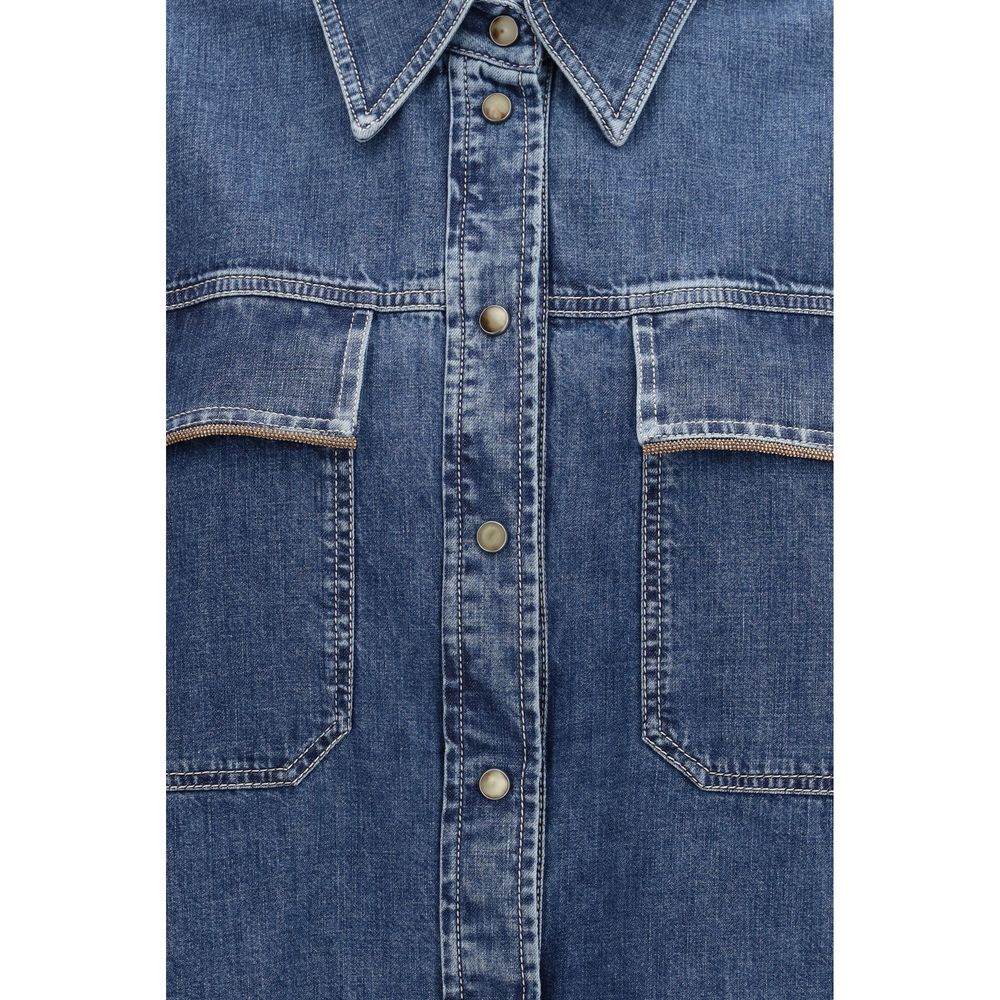 Shirt by Brunello Cucinelli for women in denim cotton blue showcases a sleek silhouette, elegantly detailed with a sleek and for a sleek finish.