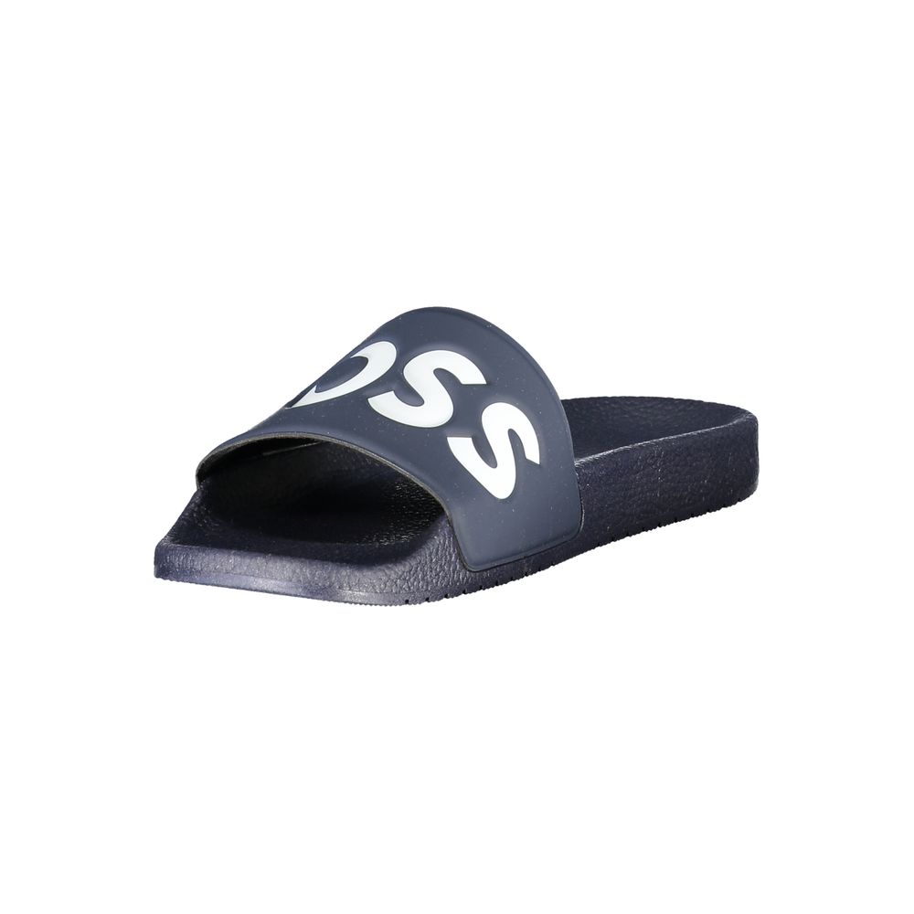 Slider Sandals by Hugo Boss for men in polyester & polyurethane blue features an architectural silhouette, showcasing the architectural Men's Polyester & Polyurethane Slider Sandals with a and .