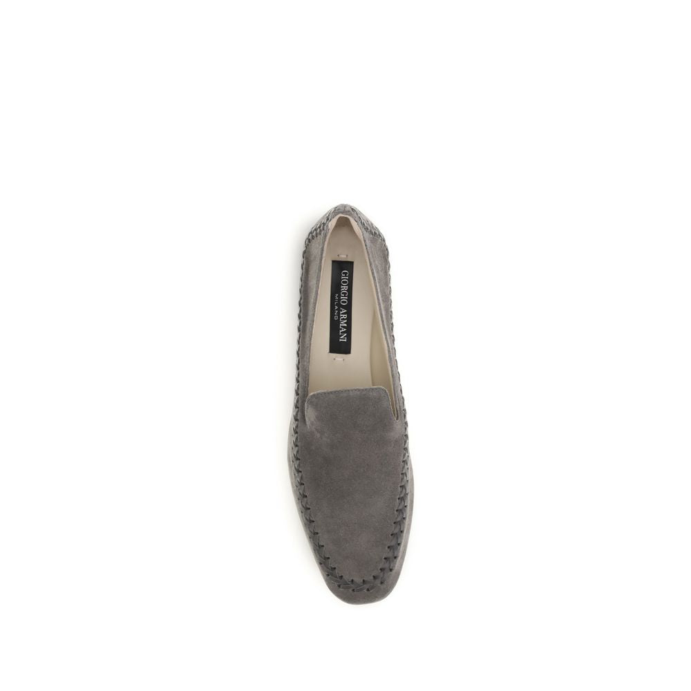 Flat Loafer Slip-On Shoes by Giorgio Armani for women in bos taurus calf leather gray features an ergonomic silhouette, perfectly showcasing Women's Bos Taurus Calf Leather Flat Loafer Slip-On Shoes with its distinct flat and elegant .