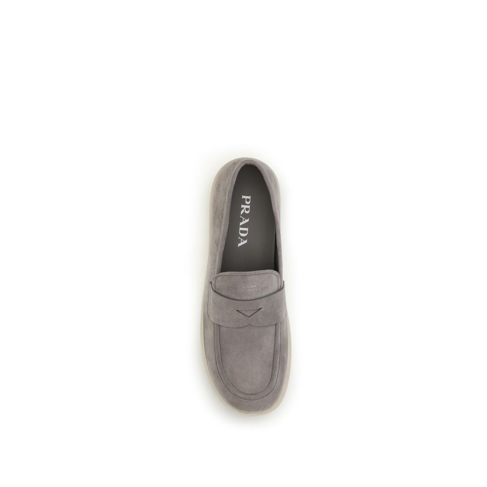 Loafer Slip-On Work Shoes by Prada for men in bos taurus calf suede leather gray, signature-print & print features an ergonomic silhouette, perfectly showcasing Men's Bos Taurus Calf Suede Leather Loafer Slip-On Work Shoes with its distinct and elegant round toe style.