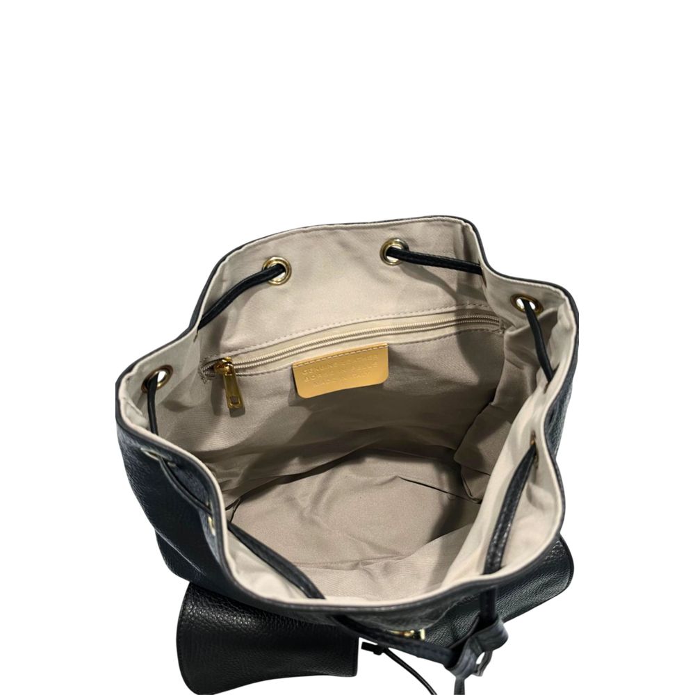 Drawstring Flap Backpack by Baldinini Trend for women in cowhide black & gold features an stately silhouette from the Cowhide Drawstring Flap Backpack range, with a secure flap, drawstring, magnetic & button, ample built-in-compartments, and versatile backpack-strap & adjustable-strap.