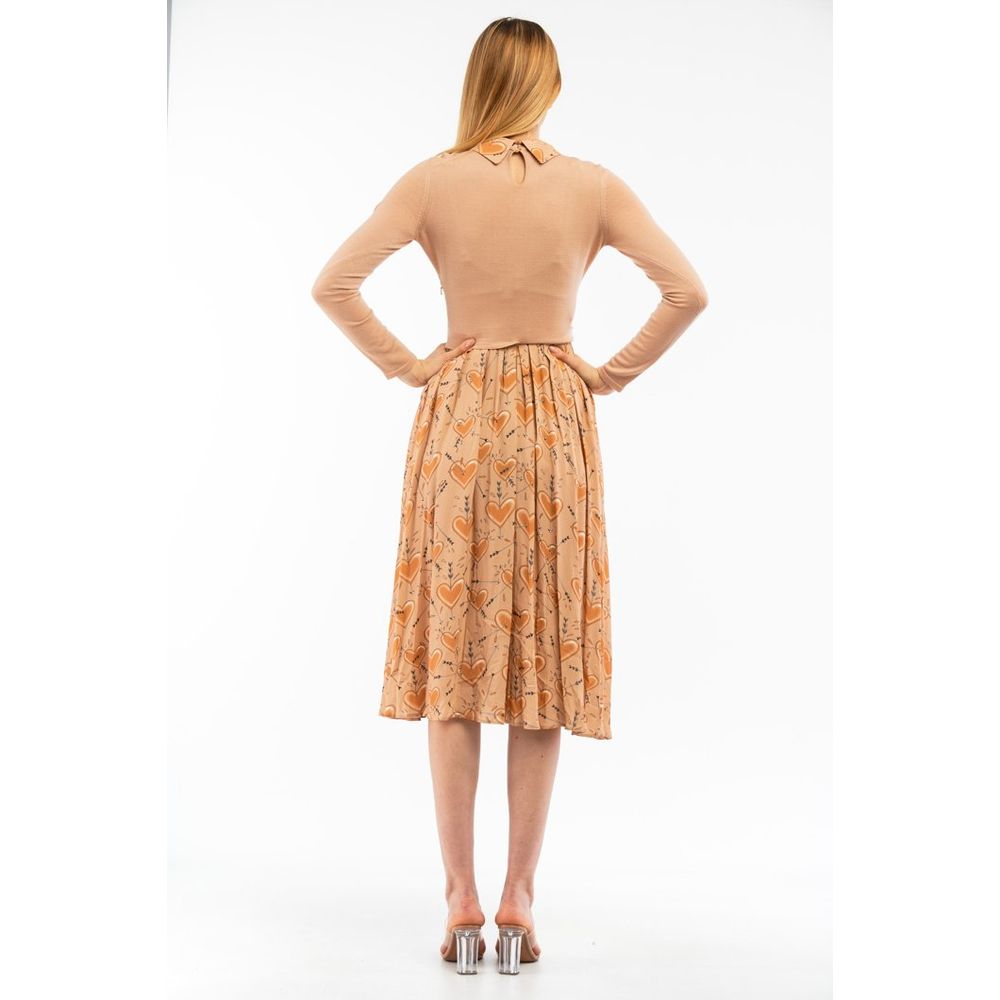 Elisabetta Franchi Women's Long-Sleeve Wool Midi Dress - Beige Patterned