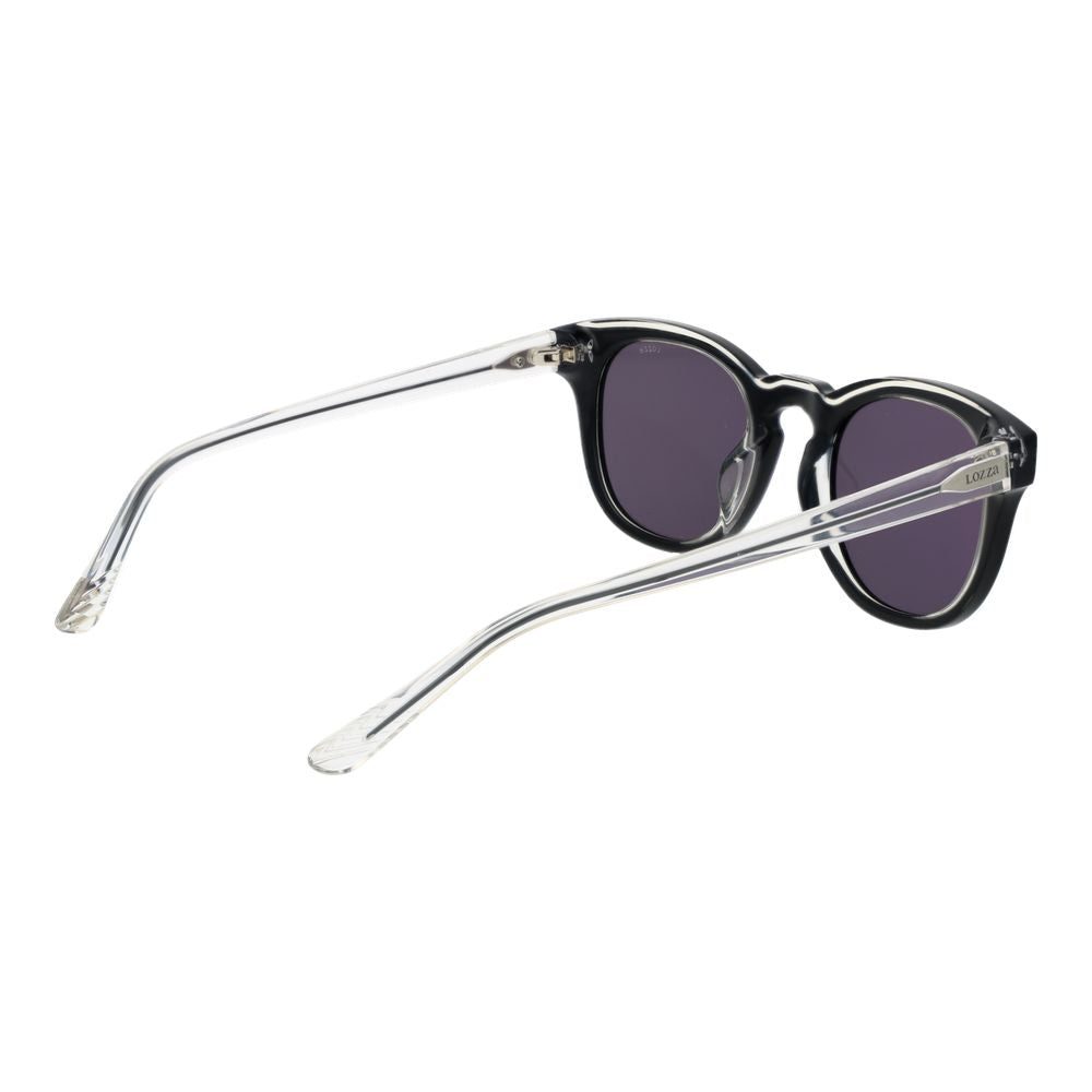 Sunglasses by Lozza for unisex in plastic black features an lustrous full-rim panto frame design with black coloured frame detailing and non-polarized category-3-dark-tint lens for a lustrous aesthetic.