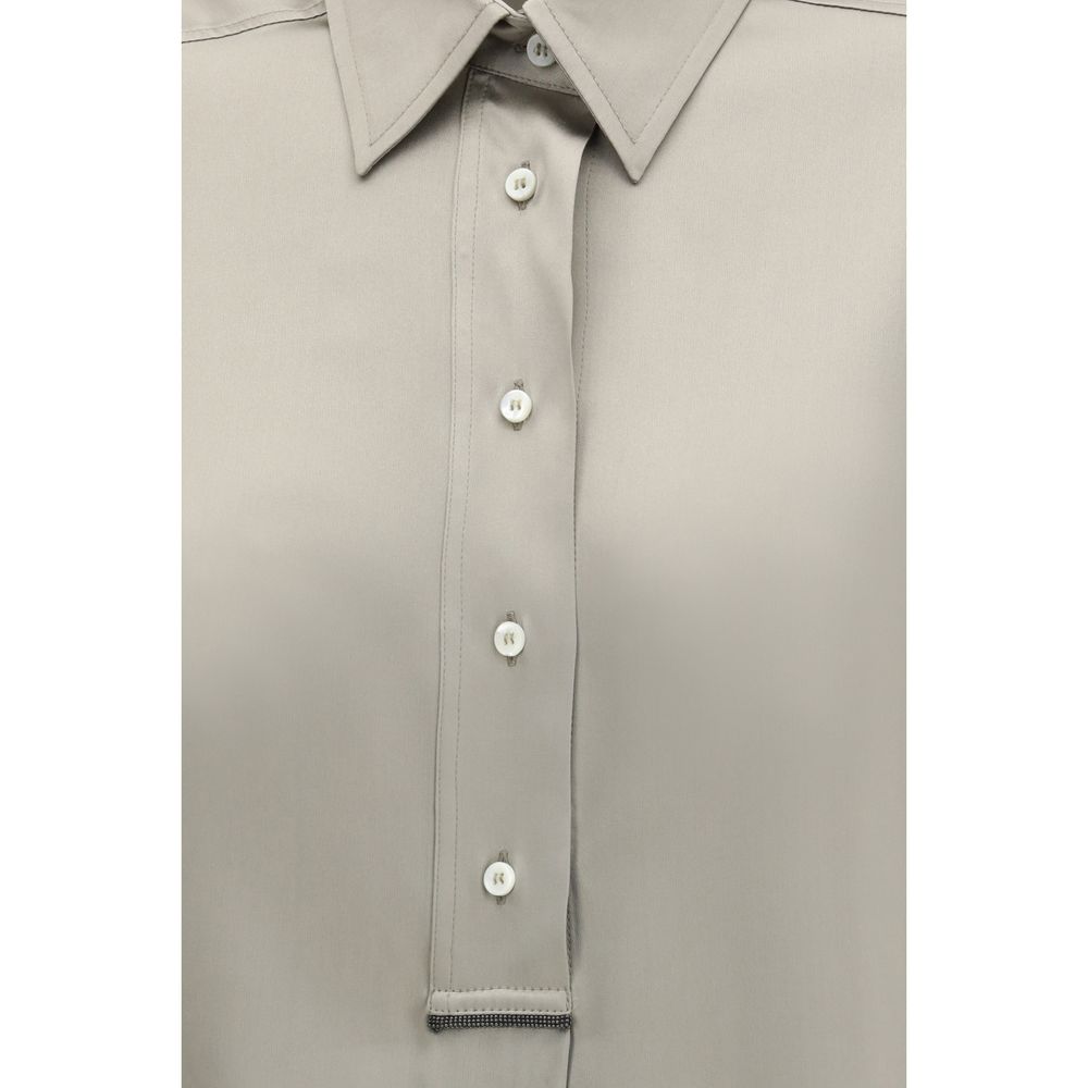 Shirt by Brunello Cucinelli for women in silk satin bicolour & pearl showcases a sharp silhouette, elegantly detailed with a sharp and sharp .