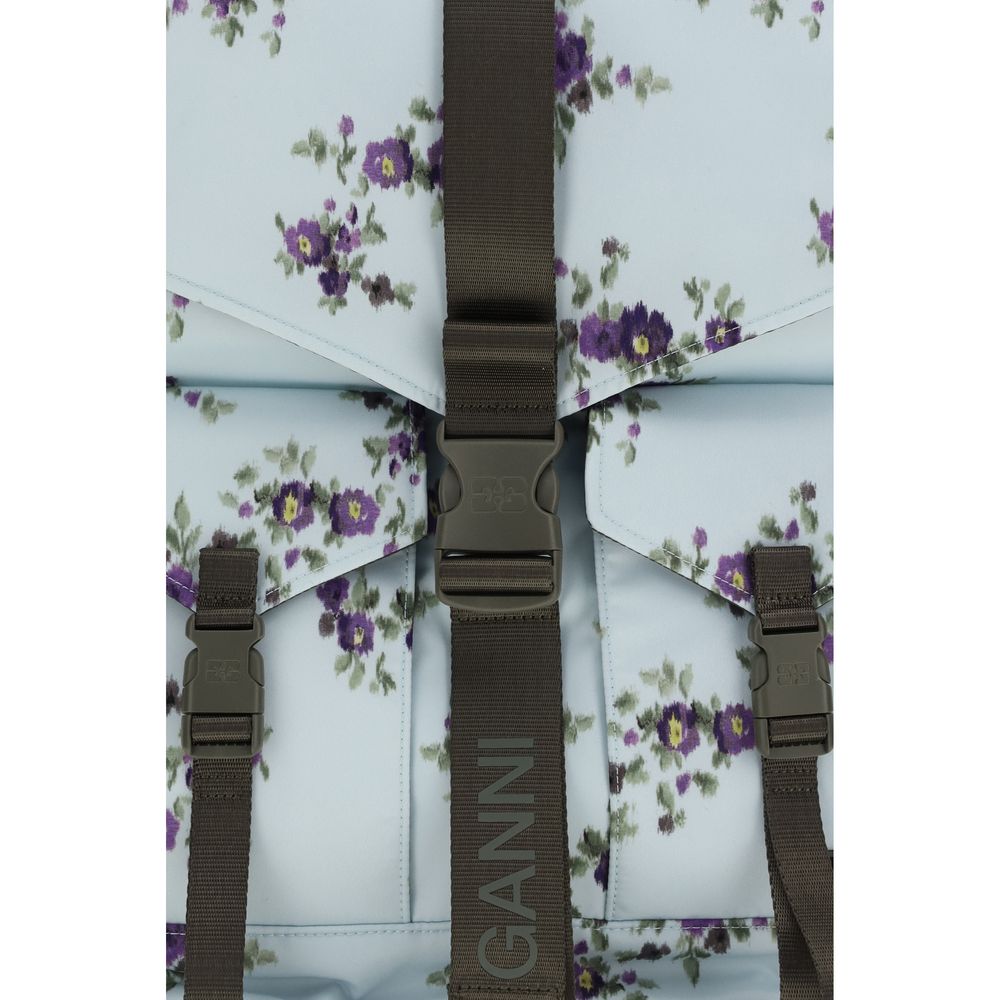 Backpack by Ganni for women in nylon & polyester blue, patterned, floral & print showcases a urban-chic Re Tech Nylon & Polyester Backpack design, featuring a secure buckle with urban-chic external-pockets and versatile handle, backpack-strap & adjustable-strap.
