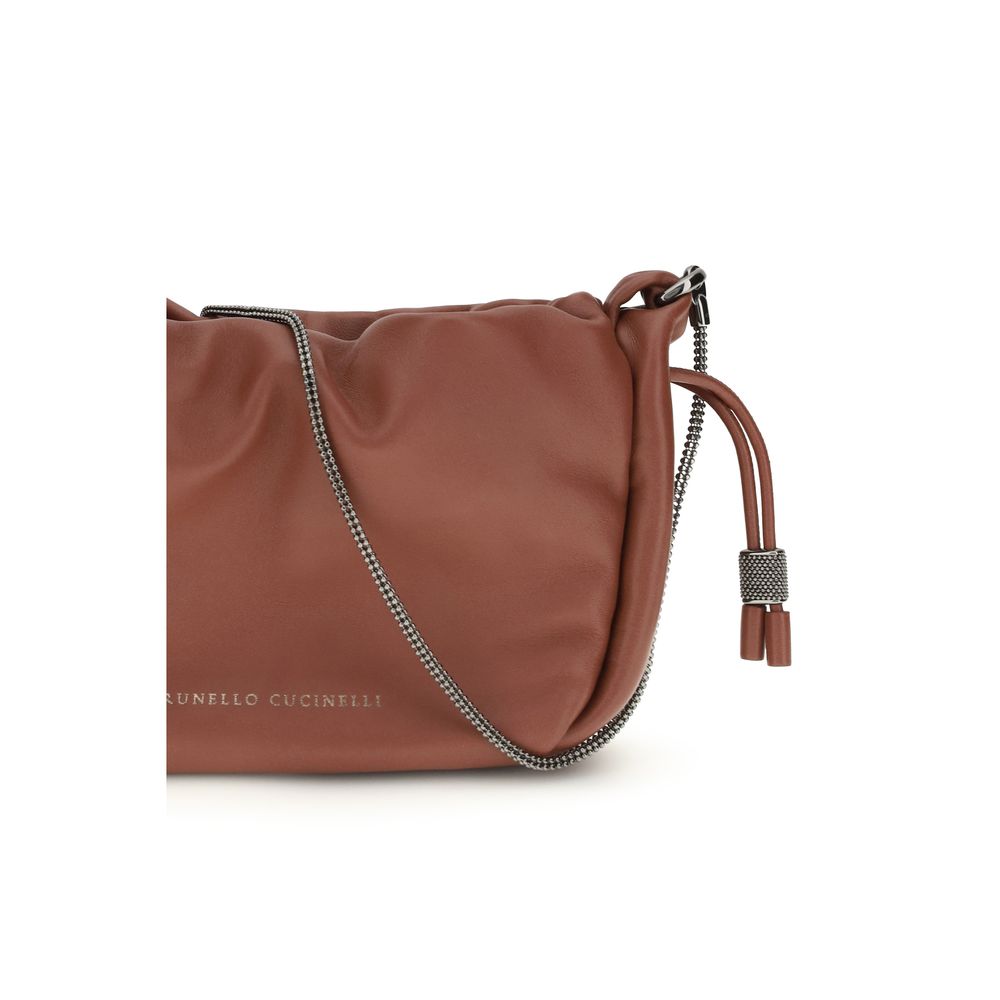 Mini Shoulder Bucket Bag by Brunello Cucinelli for women in bos taurus calf leather brown & monogram presents a versatile silhouette, showcasing a secure drawstring and versatile single-compartment with versatile shoulder-strap for a sophisticated look.